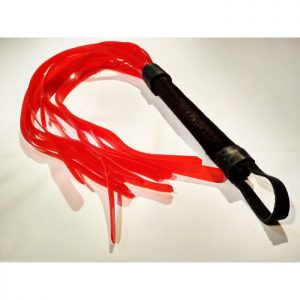 Flogger artesanal de tiras de plástico y empuñadura de piel de toro